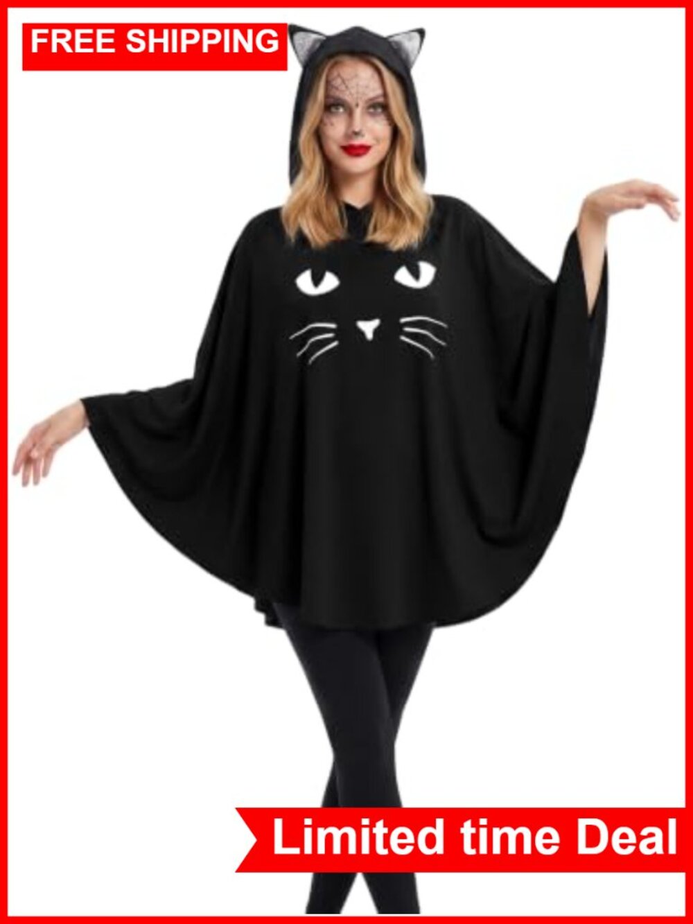 Black Cat Poncho Hooded Cloak Halloween Costume Glow Dark Women